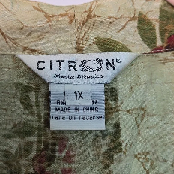 Vintage Citron Santa Monica Asian Floral V Neck Button Up Blouse Size 1X - Picture 2 of 11